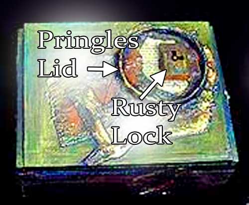 Pringles Lid and Rusty Lock - on a cigar box assemblage