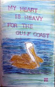 Journal page, pelican stamp carved by Dot McQuade