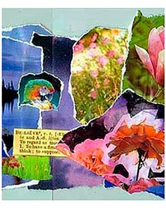 Torn-paper collage including a bird and flowers