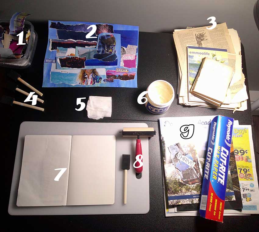 Details of Aisling's collage supplies on her workdesk