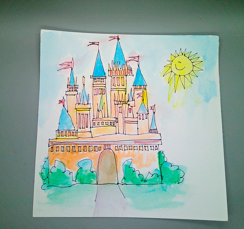 Watercolor sketch of Disney World castle