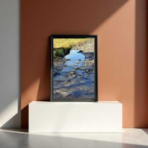 A framed photo of a puddle of water reflecting the blue sky, with rocks in the puddle and some dry grass nearby.
